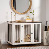 Modern Dog Crate End Table With Easy To Clean Surface, Large Dog Crate Furniture On Wheels, Kennel For Large Dogs Indoor With Big Flat Surface, White