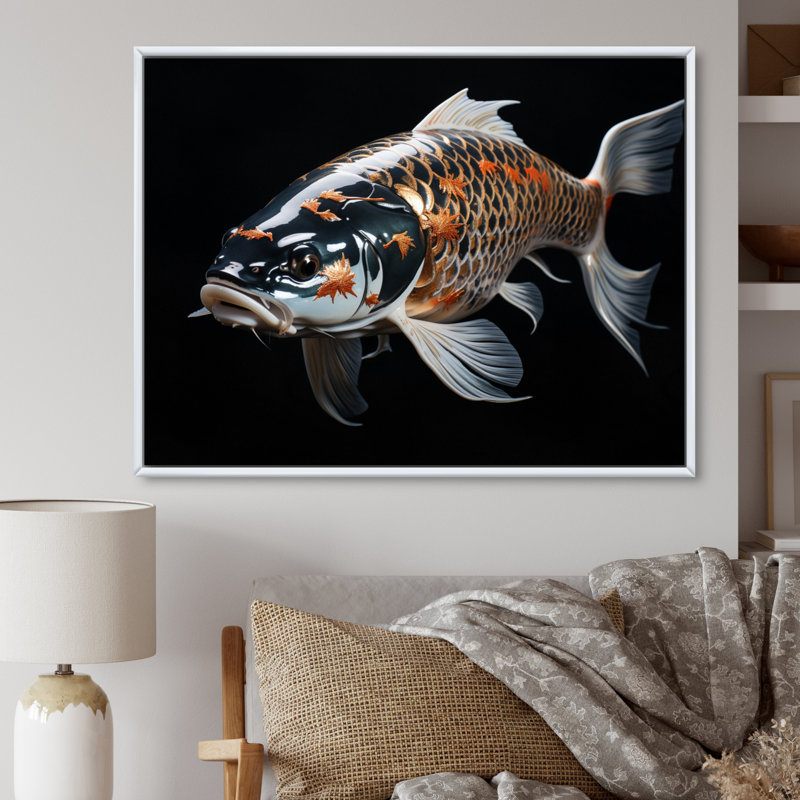 Gold Kois Fish Serene Reflections - Animals Wall Decor, H 12 po x l 20 po x P 1 po, Cadre flottant blanc