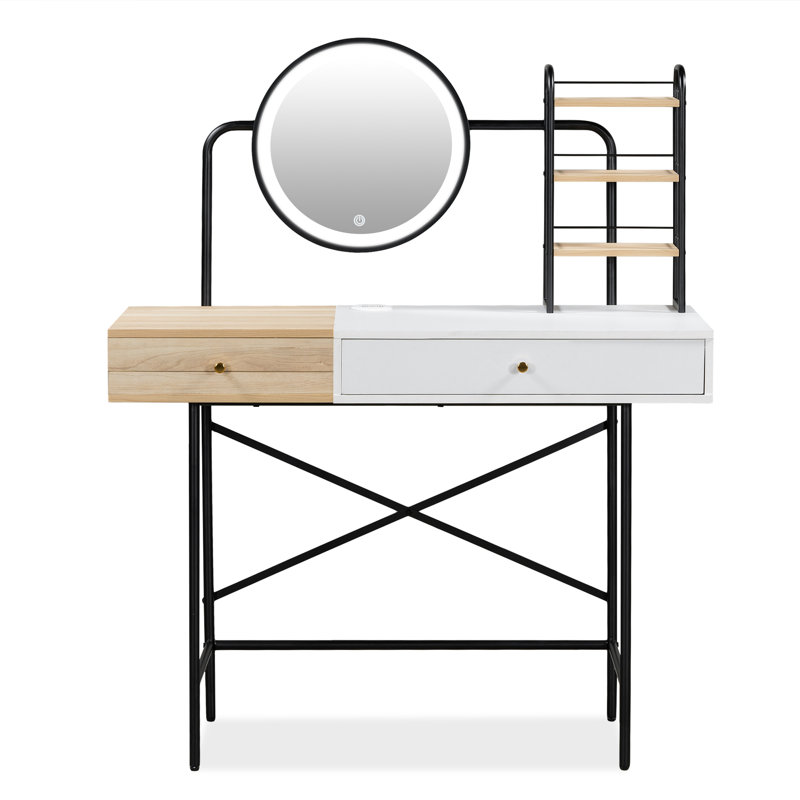 40" Makeup Vanity Desk with 3-Mode Lighted Mirror and Wireless Charging Station, White/Natural