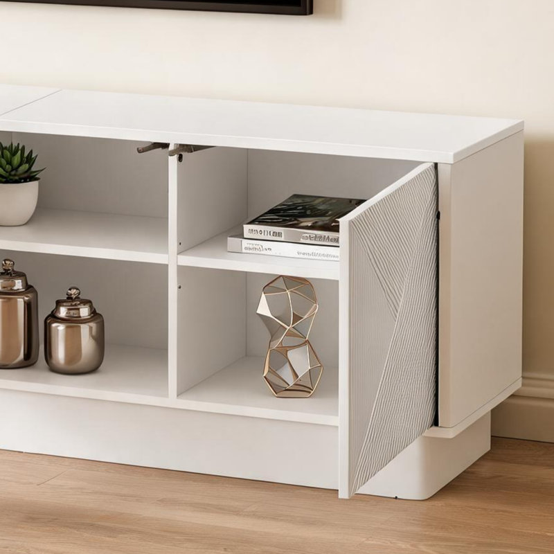 Armoire minimaliste blanche à quatre portes de style ondulé avec tablettes réglables et lumières décoratives, Blanc