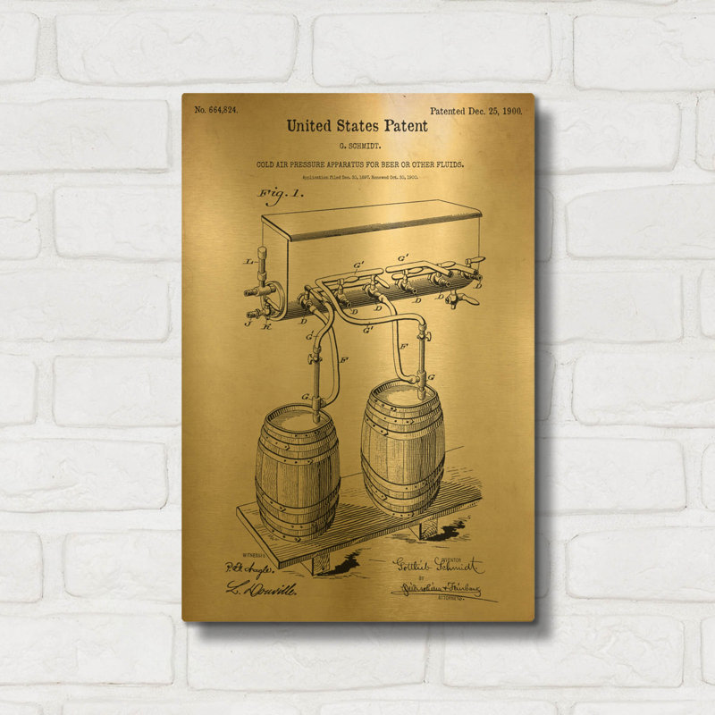 «Beer Barrel Vintage Abstract Blueprint» par Luxe, art mural en métal doré, 12 po x 16 po, 12 po x 16 po