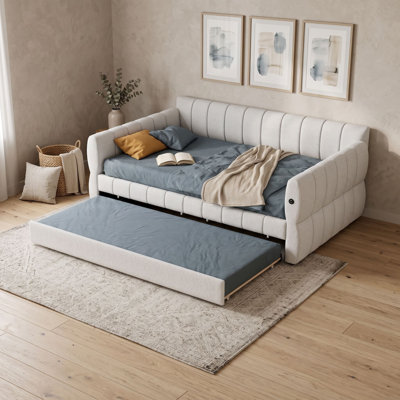 Grand lit de jour rembourré avec lit gigogne simple TG et port USB