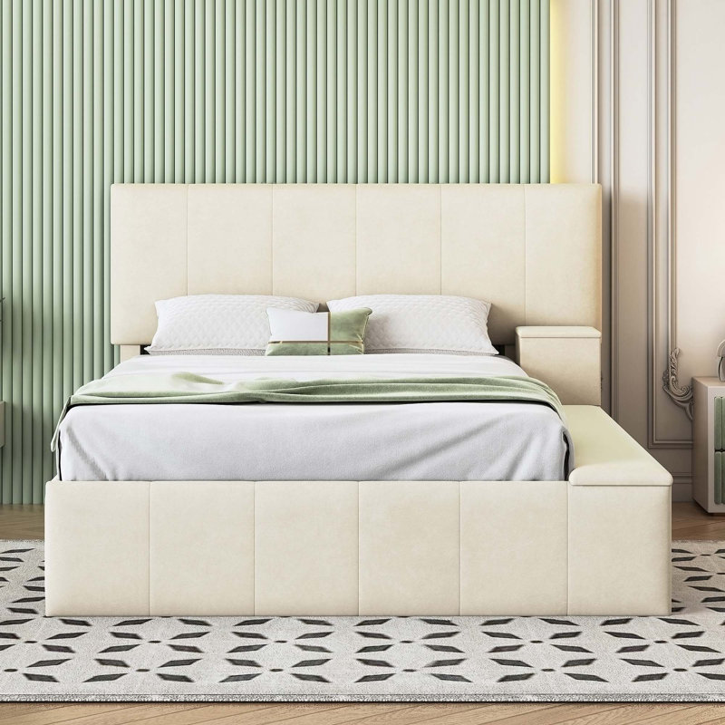 Lit plateforme tapissier luxueux avec options de rangement polyvalentes et confort supplémentaire, Beige, Double