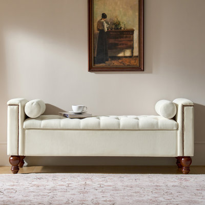 Delor Traditional 59.5" W Storage Bench with Two Circular Pillows and Solid Wood Legs