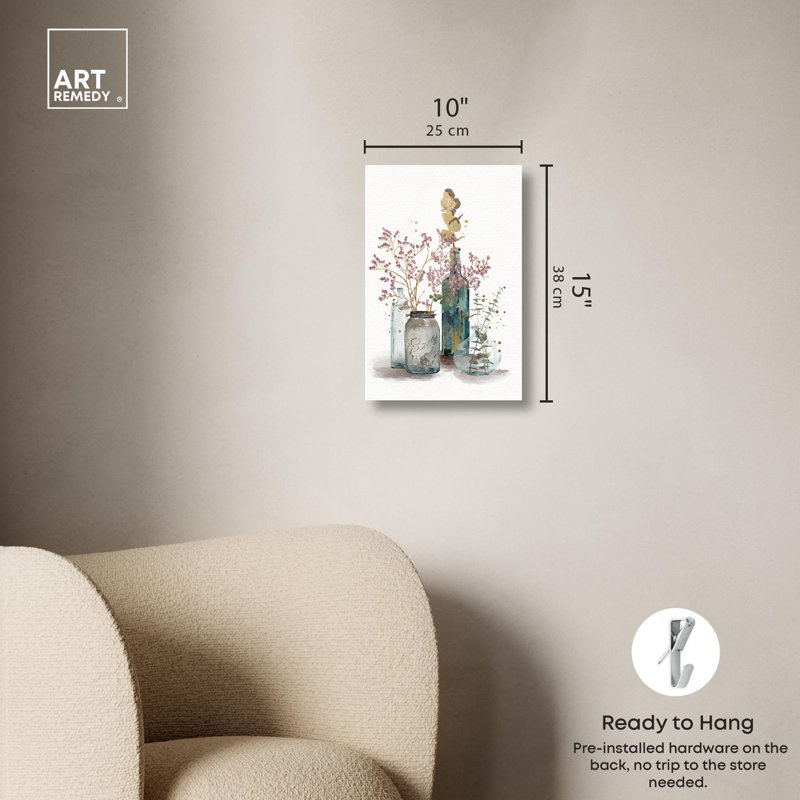 Gentle Floral Vases Canvas in Soft Pastel Colors, 15" x 10"