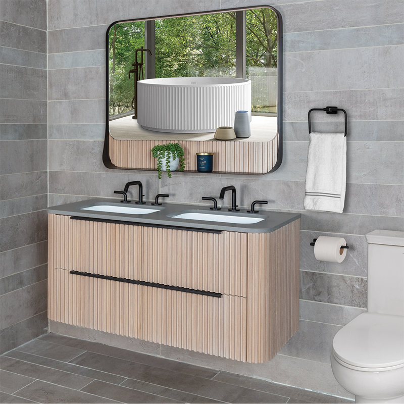 Flutti 48" Double Sink Vanity, Brushed Gold, Solid Surface Matte White/3 Faucet Holes, Sage