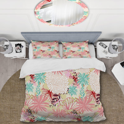 Rayures florales roses - Ensemble de housse de couette floral - Polyester en microfibre
