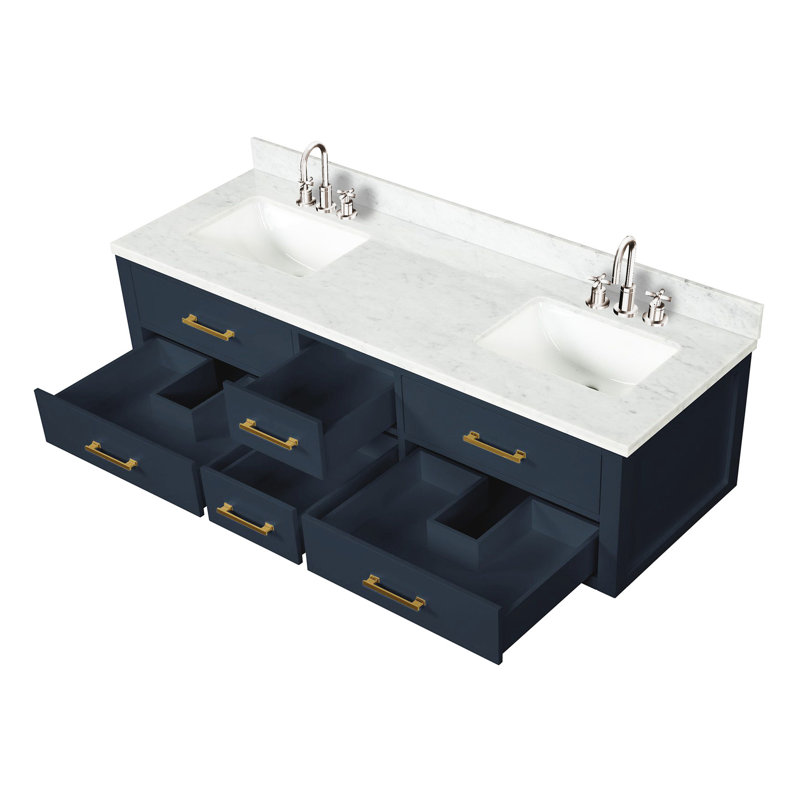 Meuble-lavabo l 72 po x P 22 po avec comptoir en marbre et robinet à fermeture douce, bois massif, lattes 72 po 22 doubles et cadre en bois