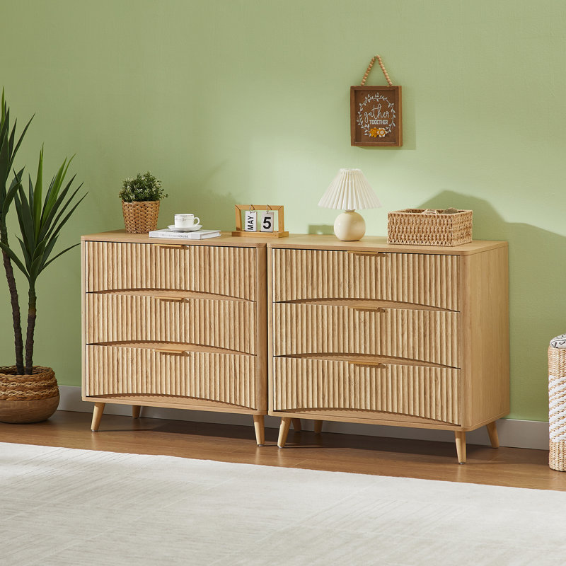Commode 3 tiroirs 2 pièces avec façade texturée à vagues - Commode pour petits espaces, Ivoire ivoire