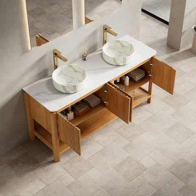 Meuble-lavabo de salle de bain moderne et contemporain 60 po, armoire de rangement autoportante avec 4 portes et tablette ouverte
