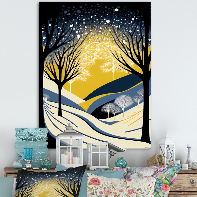 Flocons de neige tombant dans la forêt d'hiver - Décoration murale paysage forêt, H 32 po x l 16 po x P 1 po, Toile tendue