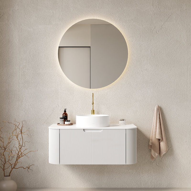 DINA 36" Bathroom Vanity&Sink, Floating Curved Edges Striped Storage Plywood Bathroom Cabinet with Drawer, White Round Ceramic Basin&Sintered Stone Top, Pre-assembled, White Color 