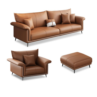 Brown Genuine Leather 3 - Piece Living Room Set
