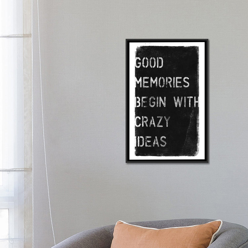 « fou ideas i », art textuel sur toile, H 26 po x l 18 po x P 1,5 po, Toile avec cadre noir, Pas de tapis