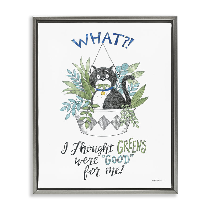 Drôle de chat mangeant une plante sur toile flottante par Deb Strain, H 31 po x l 25 po, Cadre flottant gris lustré