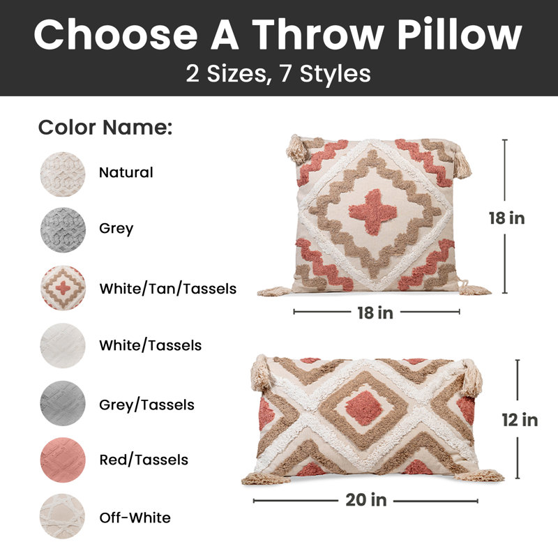  Throw Pillow, White/Tan/Tassels