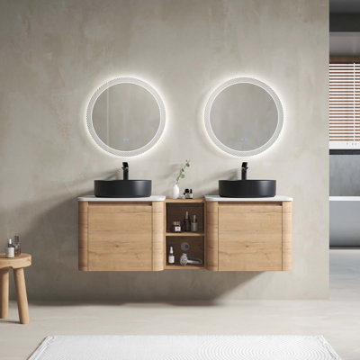 60" Wall-Mounted Bathroom Vanity With Ceramic Art Sink & 1-Storage Shelves, Soft-Close Door