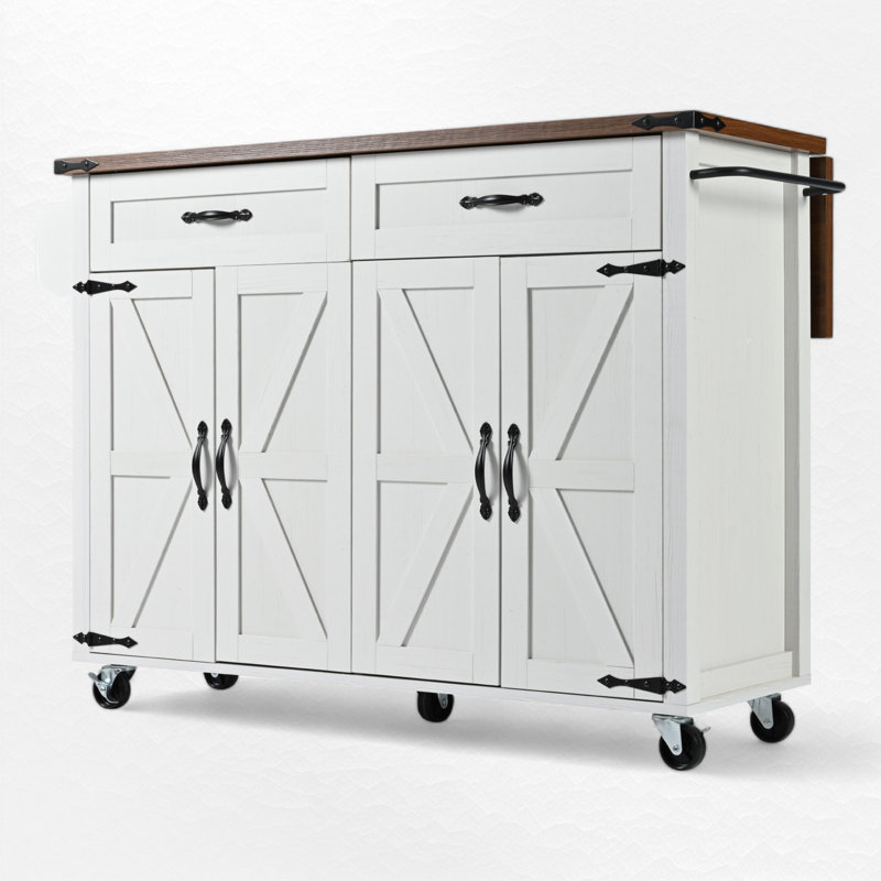 Farmhouse Kitchen Island with Power Outlet and Drop Leaf, White