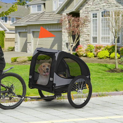 Dog Bike Wagon Trailer - Steel Construction For Medium Pets. Quick Release Wheels, Reflectors. Flag. Safe Pet Adventure. Black Canines, Structure, Mesh