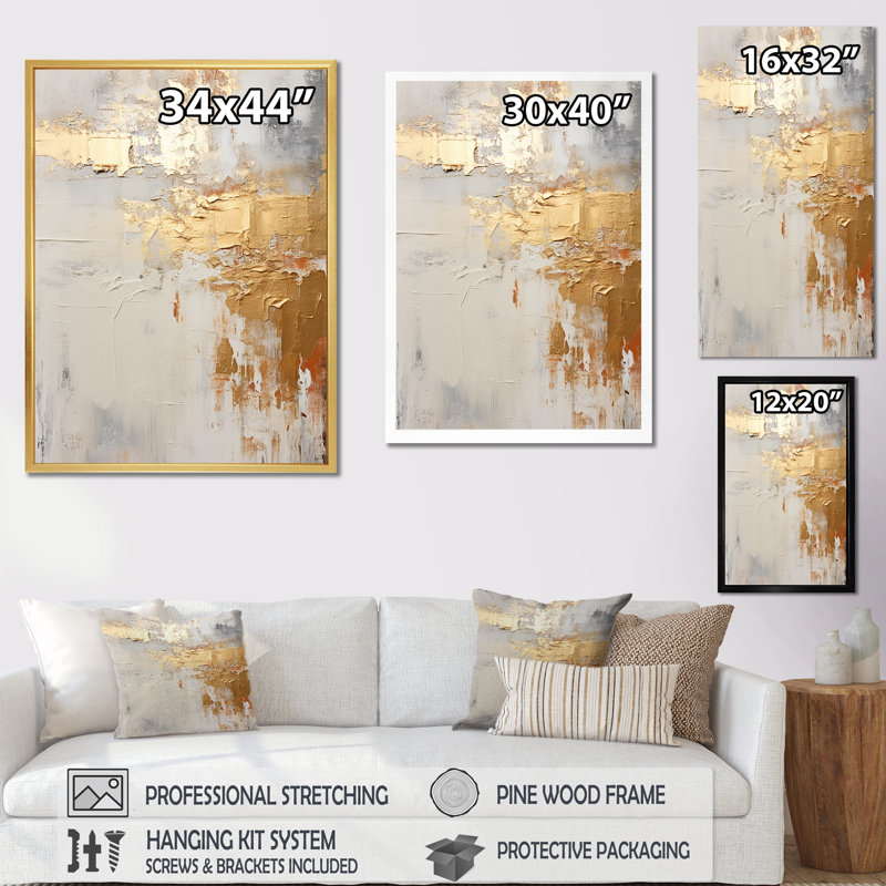 «Modern Coastal Beige And Gold River», impressions sur toile de collages abstraits, Cadre flottant blanc, 32" H x 24" W