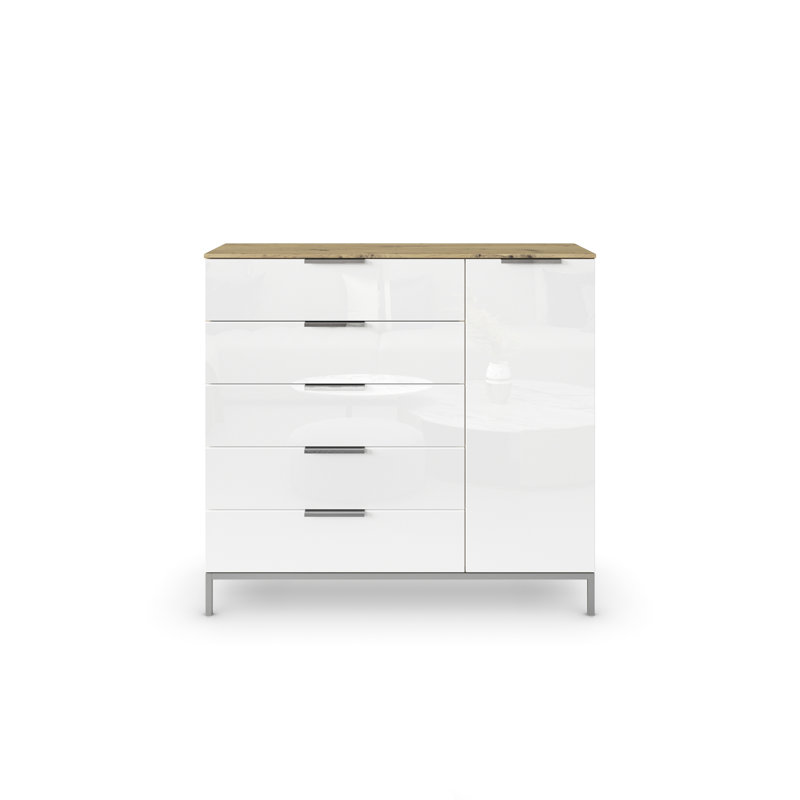 Flipp 5 - Drawer Chest of Drawers, Artisan Oak/White Glass/Chrome