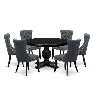 7-piece Kitchen Table Set with Polyester Fabric 6 Platinum Gray dining room chairs, Button-Tufted Backs, and a 48"Round Table in Sand Blasted Black Finish.