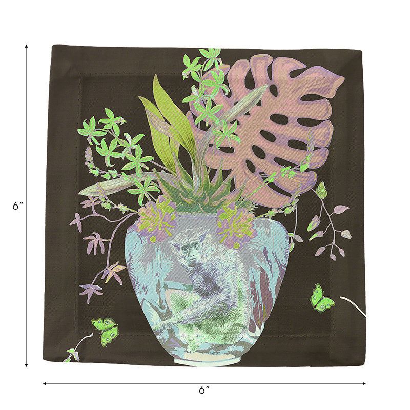 Monkey Large Jungle Cotton Sateen Cocktail Napkins, Chocolatte Lime