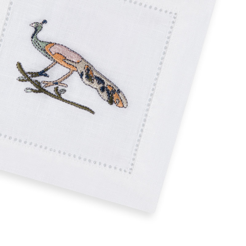Bird Motif Embroidered Linen Cocktail Napkins