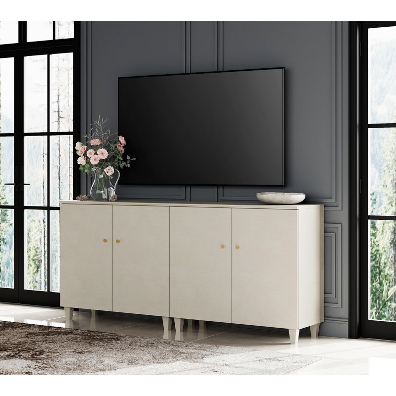 2-In-1 TV Stands With Doors, Entertainment Center With 6 Storage Compartments, Beige