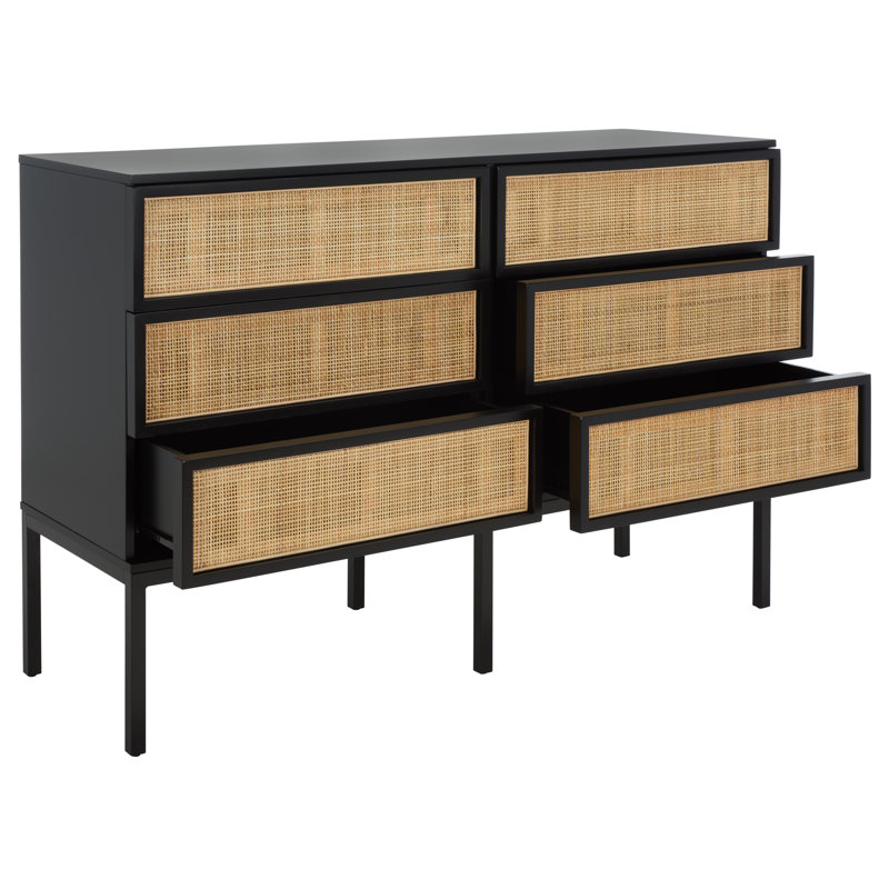 Commode 6 tiroirs Prudhoe, Noir / noir avec rotin naturel