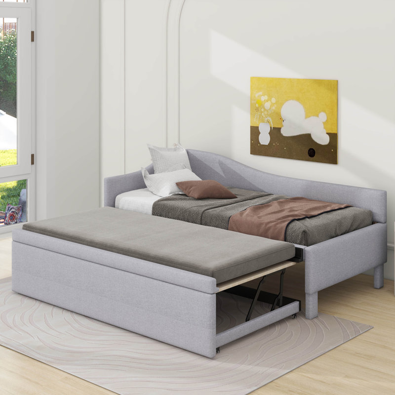 Lit de jour simple tapissier en L rembourré en forme de L avec lit gigogne, Gris