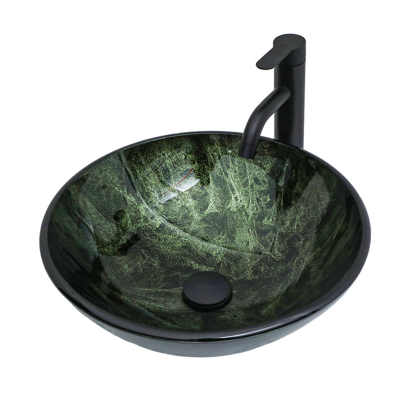 Lavabo de salle de bain vasque circulaire en verre 16,5 "avec bonde escamotable et robinet, Vert foncé