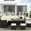 Ensemble repas extérieur, 7 ou 9 places, coussins beiges, poufs et table rectangulaire pour réceptions en terrasse, 9 modules pour rassemblements