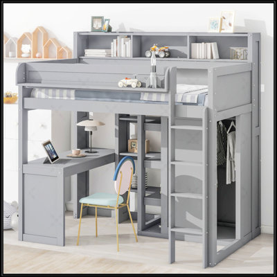 Lit mezzanine en bois robuste avec échelle intégrée, tablettes de rangement et garde-robe en gris