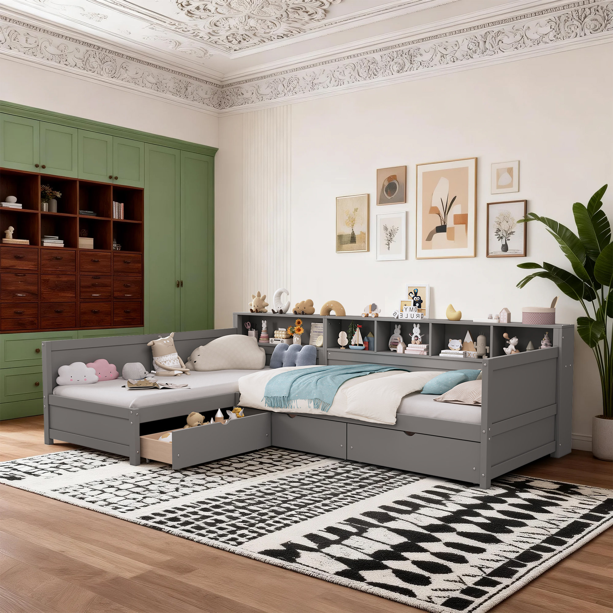 Ebern Designs L-Shape Twin Size Day Bed Frame for 2 with Storage ...
