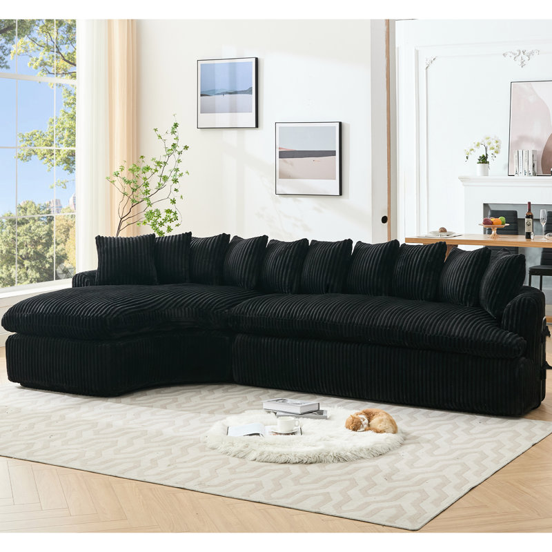 , 127 po, modulaire en forme de L, forme courbée élégante, velours côtelé noir, mousse haute, sans assemblage, sièges modulaires à gauche de 1277 po, dix coussins de dossier renforcés par ressorts, assemblage nécessaire, confort pour