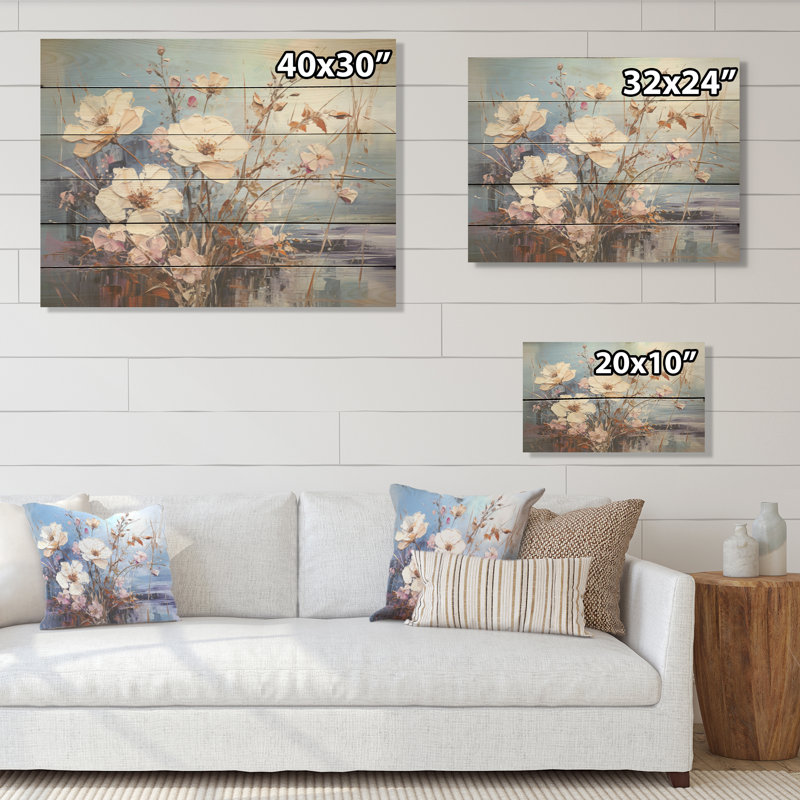Fleurs blanches et bleues de coquelicots rêveurs - Art mural en bois sur bois de pin naturel, H 24 po x l 32 po