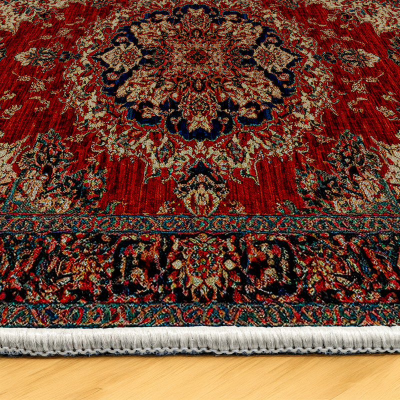 Guria Burgundy/Brown Oriental Vintage Look Machine Printed Cotton Chenille Area Rug, Runner 3'4" x 8'3"