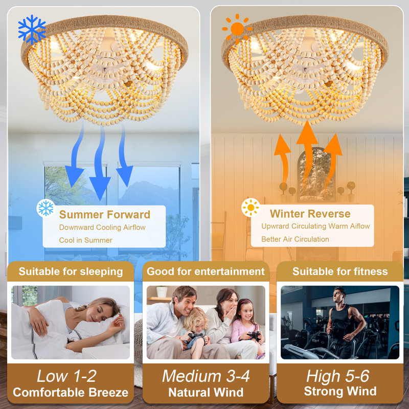 20" Boho Caged Ceiling Fan With Light Kit And Remote Control, Farmhouse Flush Mount Low Profile Wood Beaded Fandelier Ceiling Fan