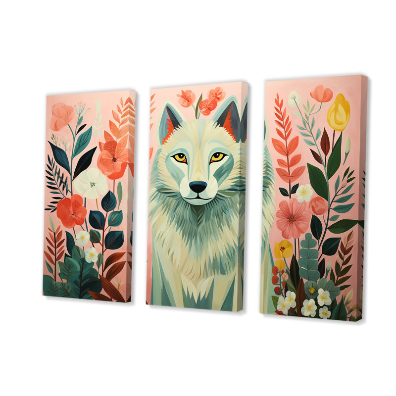 Portrait de loup bohémien rose et vert V - loup, art mural, Toile tendue, H 40 po x l 61 po