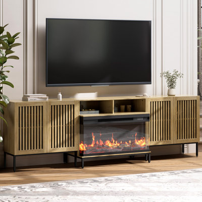 3-sided Glass Farmhouse Fireplace Tv Stand For Tvs Up To 100 Inch, Entertainment Center With 36"" Electric Fireplace,oak Tv Console With Storage Cabine -  Latitude Run®, 6C7DB3758C784207A888049FE2DE9122