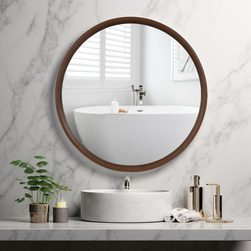 Wood Round Wall Mirror for Bathroom Bedroom Vanity Home Decoration, Walnut, 32" x 32"
