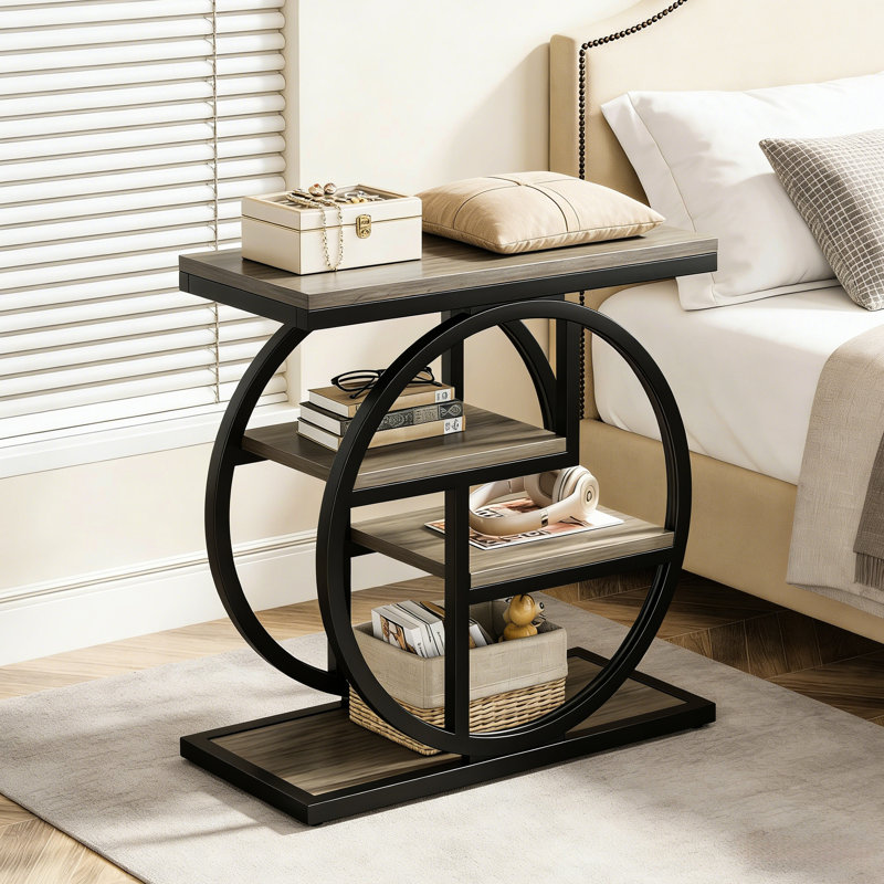 Mince, 4 tables de bout, style industriel classique, quatre tablettes, lampes de rangement, petits articles essentiels, structure en métal robuste, assemblage facile et polyvalent, tablette de présentation, espace de rangement spacieux