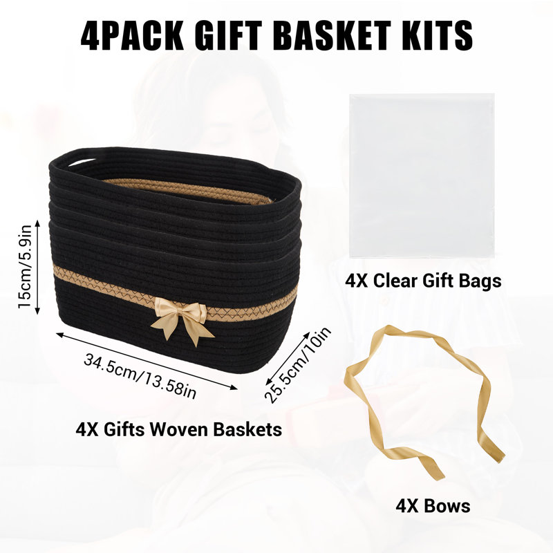 Ensemble de 4 paniers de rangement tissés en corde de coton, ensembles de paniers-cadeaux décoratifs, Black