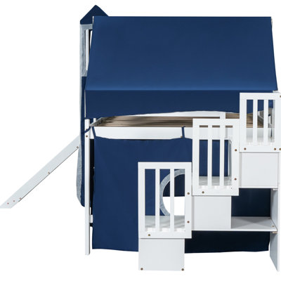 Lit mezzanine double avec tente et tour en bleu, bois massif pour plus de stabilité, style maison de jeu, espace de rangement spacieux, aucun matelas inclus