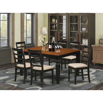 Ensemble de salle à manger 7 pièces comprenant une table rectangulaire à rallonge papillon et 6 chaises rembourrées en lin, 107 x 152 cm, noir et cerisier
