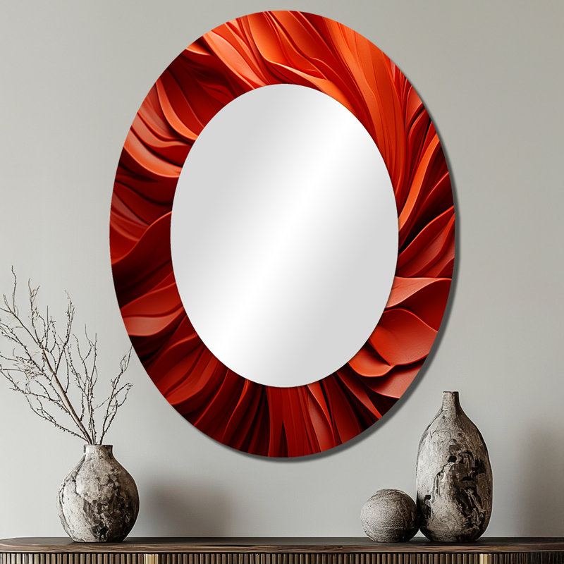 Red Abstract Spiral Dreamscape I - Red Modern Oval Wall Mirror, 40" x 30"