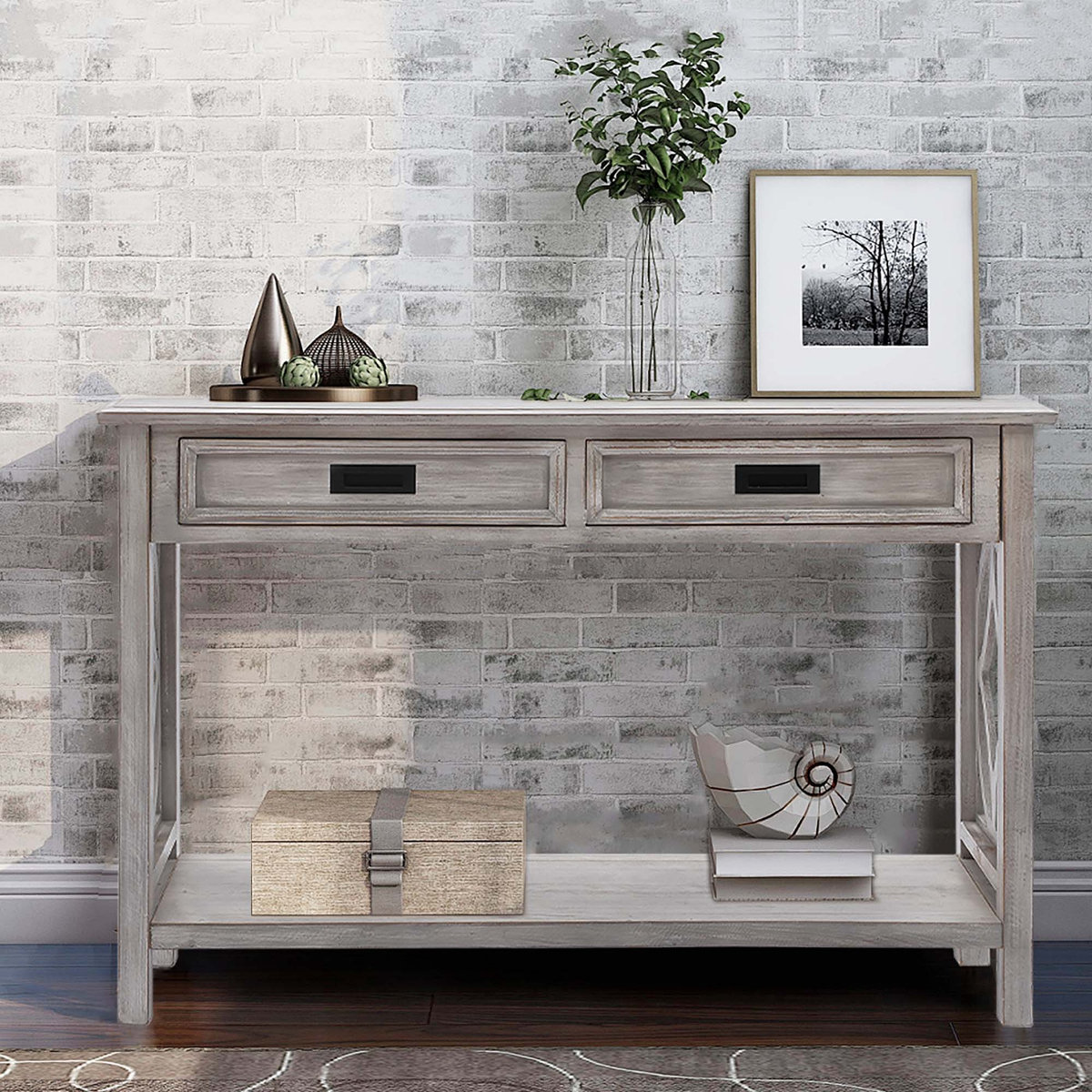 Gracie Oaks Whitewashed Wood 2-Drawer 1-Shelf Console And Entry Table ...