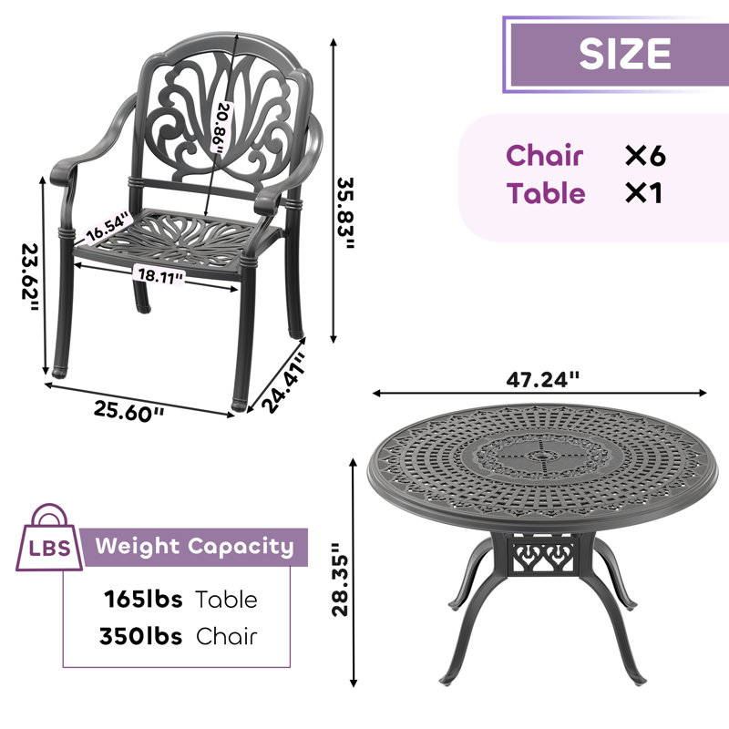 Ensemble de salle à manger d'extérieur rond en aluminium moulé pour 6 personnes, 120 cm (47,24 po), avec trou pour parasol, chaises empilables et coussins bruns.