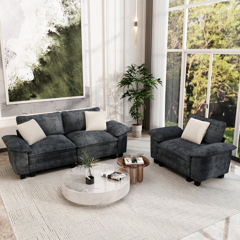 2-piece Upholstered Modular Sectional Sofa Sets, Oversized Couch Set With Loveseat And Armchair, Navy Chenille